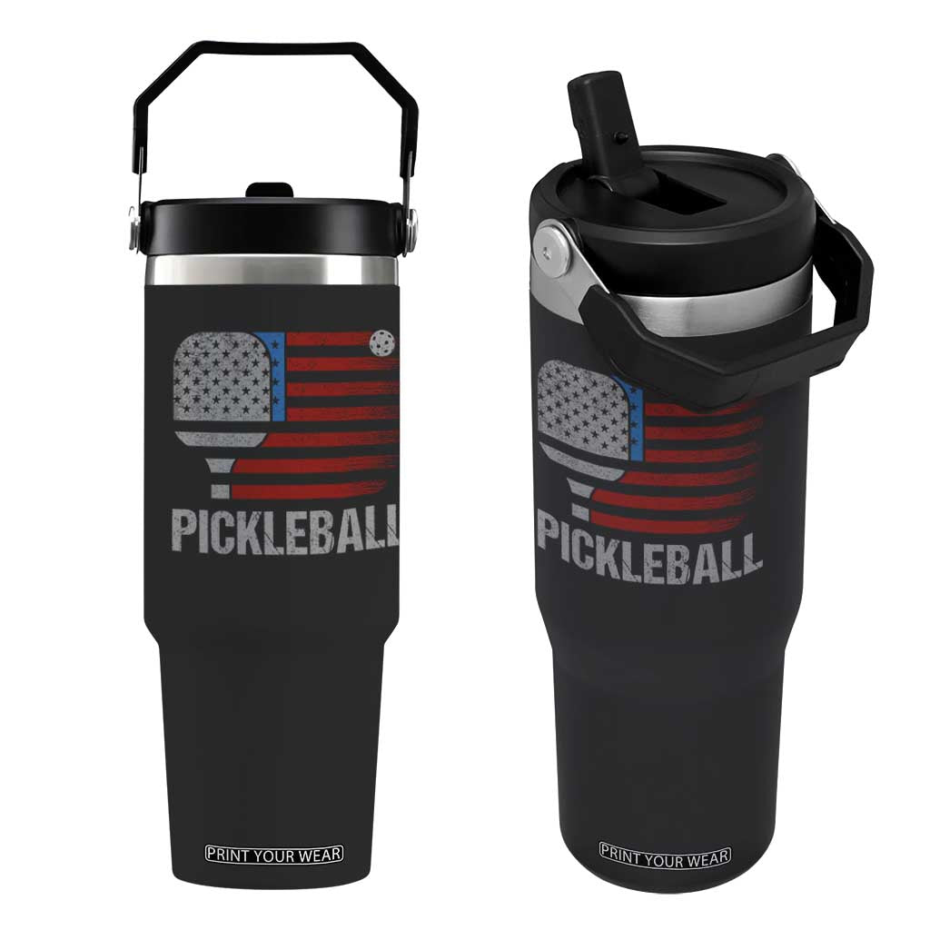 Pickleball Lover Vintage American Flag Flip Straw Tumbler 4th of July TS11 One Size: 30 oz Black Print Your Wear