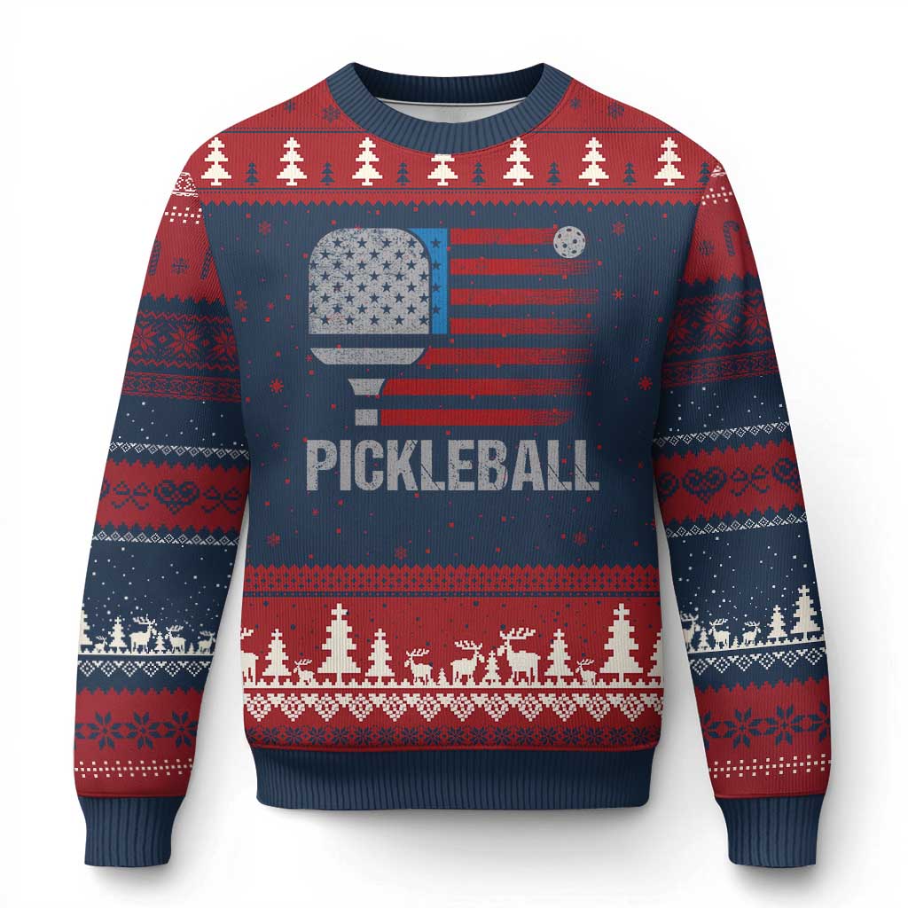 Pickleball Lover Vintage American Flag Ugly Christmas Sweater 4th of July TS11 Navy Red Print Your Wear