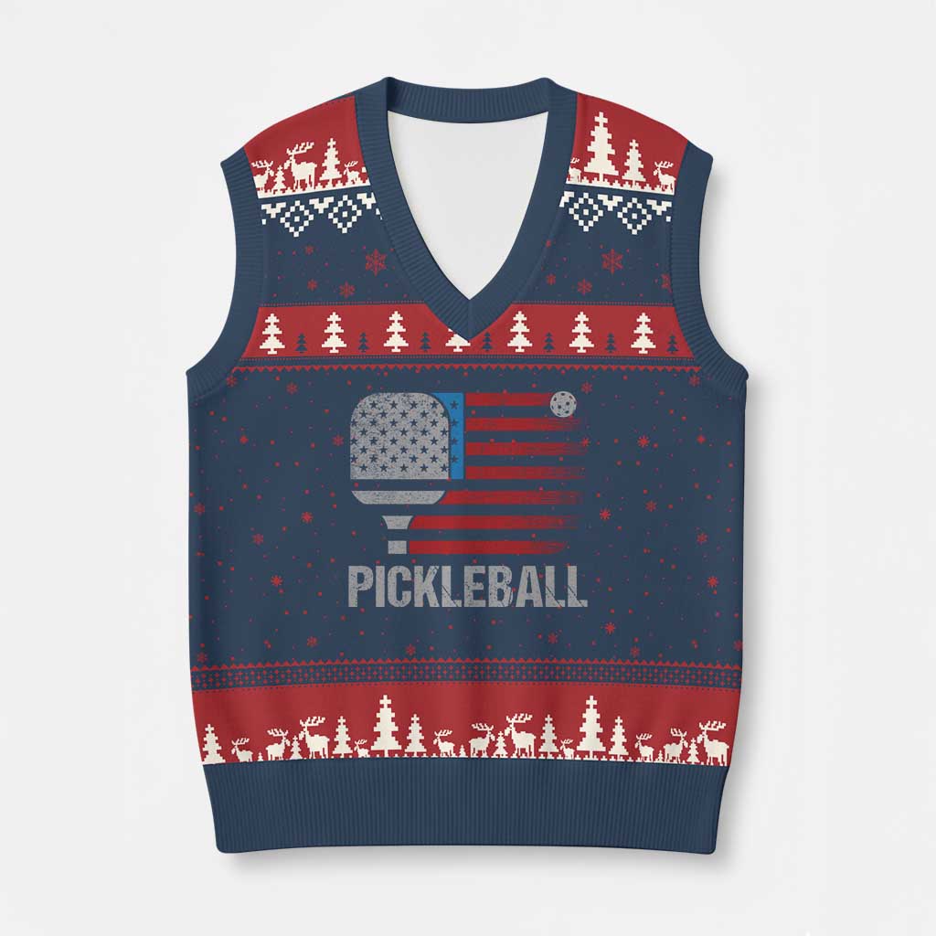 Pickleball Lover Vintage American Flag V-Neck Knit Sweater Vest 4th of July TS11 Navy Red Print Your Wear