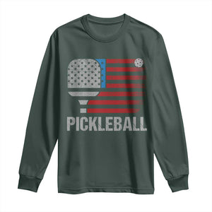 Pickleball Lover Vintage American Flag Long Sleeve Shirt 4th of July TS11 Dark Forest Green Print Your Wear