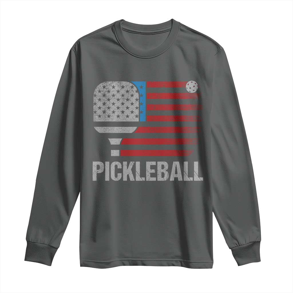 Pickleball Lover Vintage American Flag Long Sleeve Shirt 4th of July TS11 Dark Heather Print Your Wear