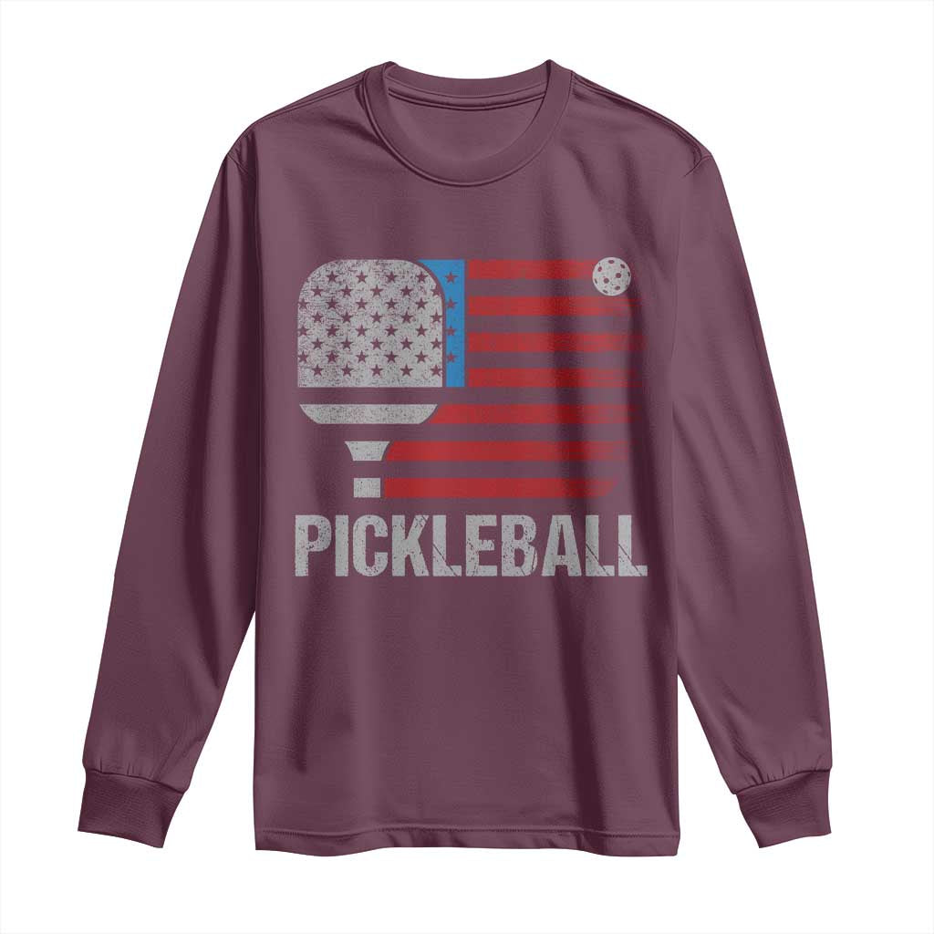 Pickleball Lover Vintage American Flag Long Sleeve Shirt 4th of July TS11 Maroon Print Your Wear