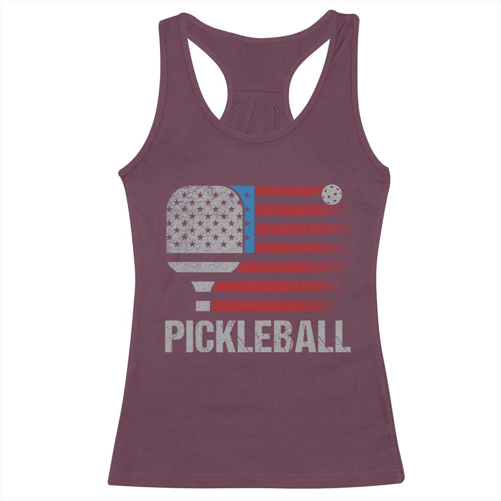 Pickleball Lover Vintage American Flag Racerback Tank Top 4th of July TS11 Maroon Print Your Wear
