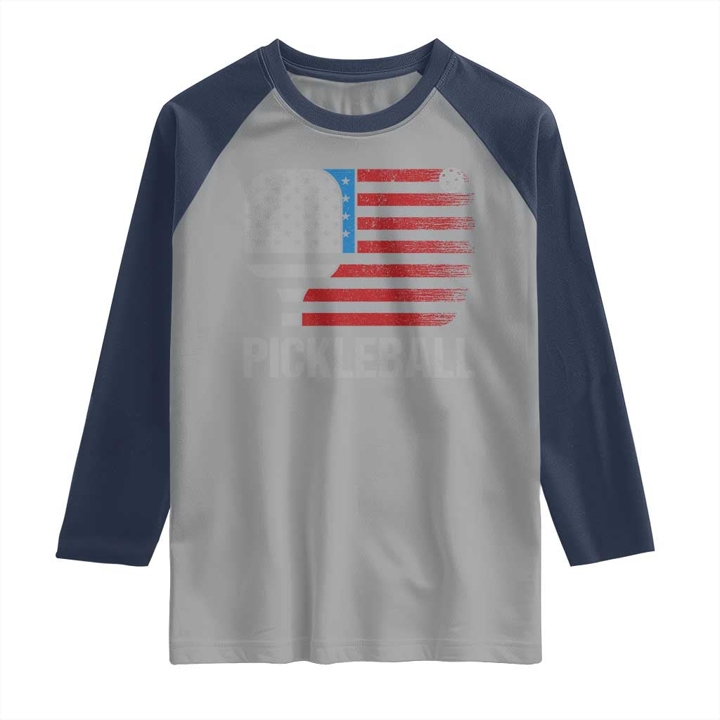 Pickleball Lover Vintage American Flag Raglan Shirt 4th of July TS11 Sport Gray Navy Print Your Wear