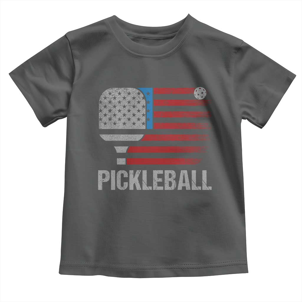 Pickleball Lover Vintage American Flag Toddler T Shirt 4th of July TS11 Dark Heather Print Your Wear