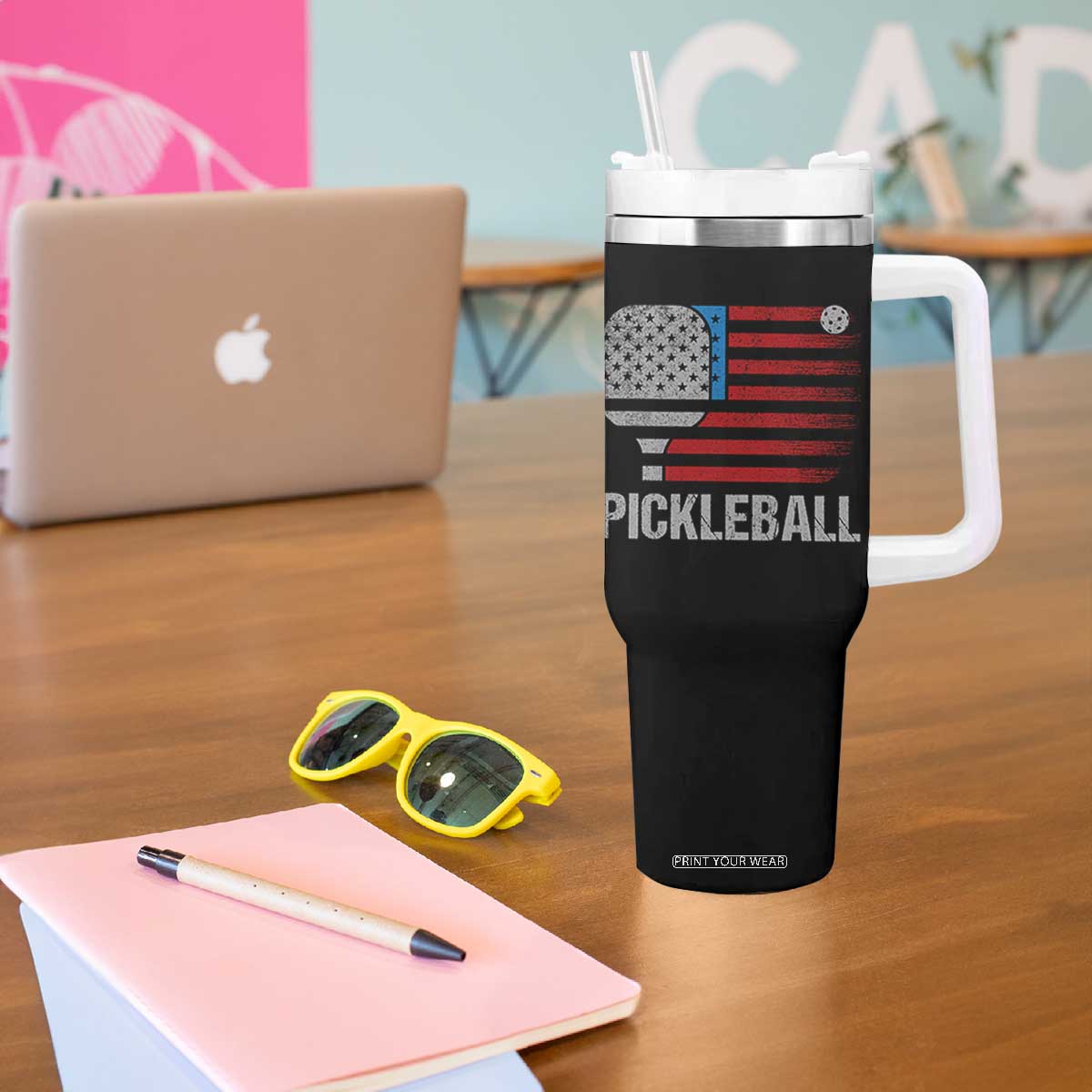 Pickleball Lover Vintage American Flag Tumbler With Handle 4th of July TS11 Print Your Wear