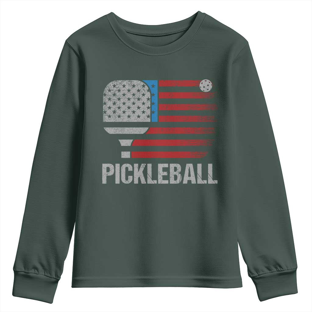 Pickleball Lover Vintage American Flag Youth Sweatshirt 4th of July TS11 Dark Forest Green Print Your Wear
