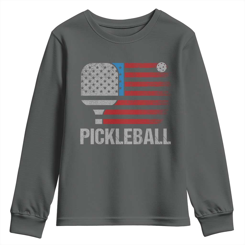 Pickleball Lover Vintage American Flag Youth Sweatshirt 4th of July TS11 Dark Heather Print Your Wear