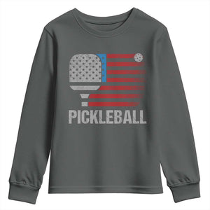 Pickleball Lover Vintage American Flag Youth Sweatshirt 4th of July TS11 Dark Heather Print Your Wear