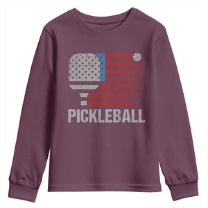 Pickleball Lover Vintage American Flag Youth Sweatshirt 4th of July TS11 Maroon Print Your Wear