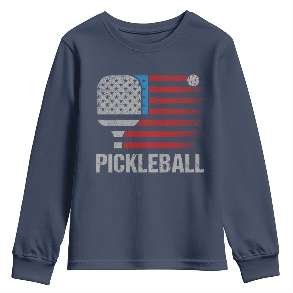 Pickleball Lover Vintage American Flag Youth Sweatshirt 4th of July TS11 Navy Print Your Wear