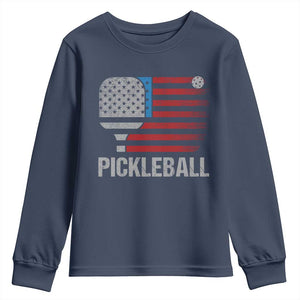 Pickleball Lover Vintage American Flag Youth Sweatshirt 4th of July TS11 Navy Print Your Wear