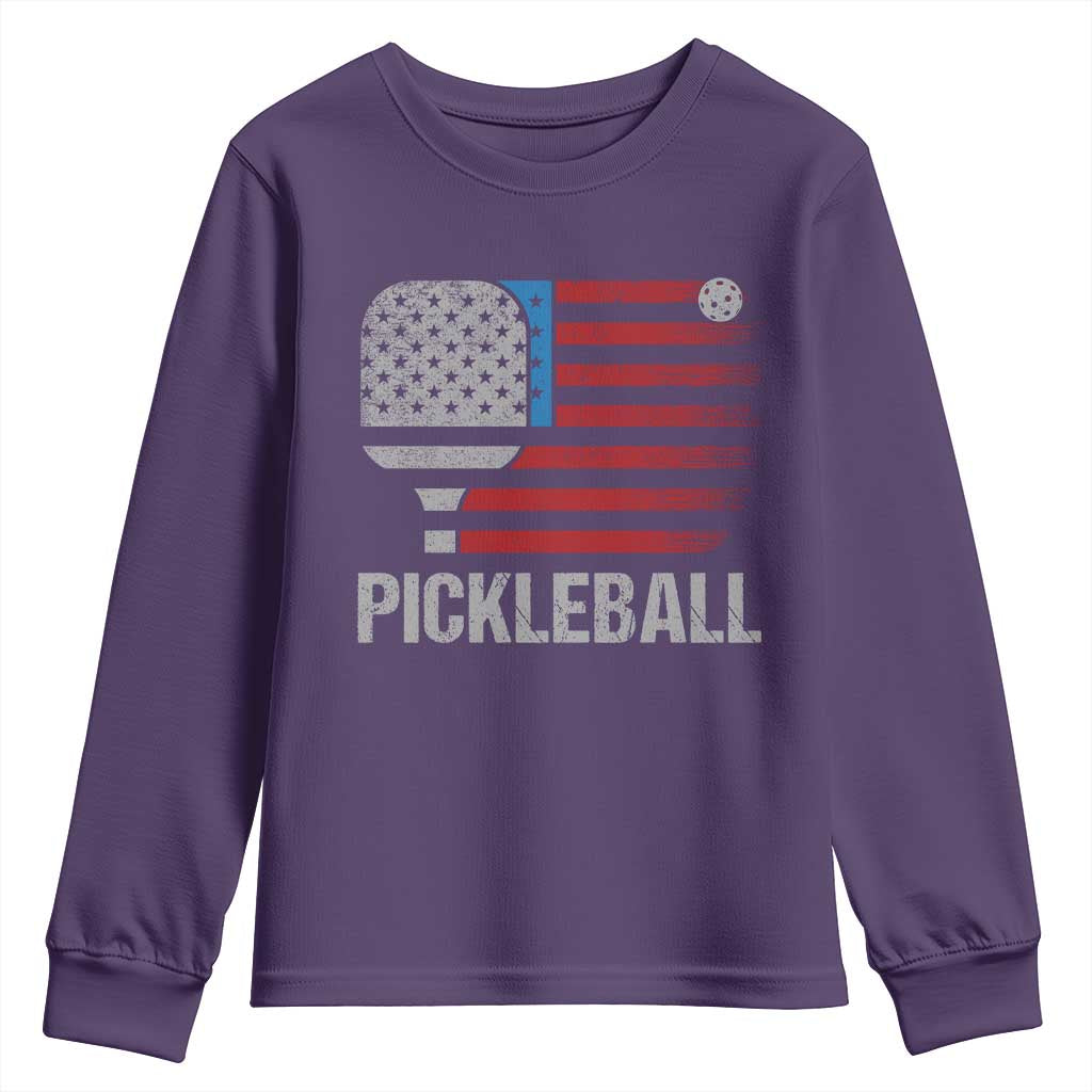Pickleball Lover Vintage American Flag Youth Sweatshirt 4th of July TS11 Purple Print Your Wear