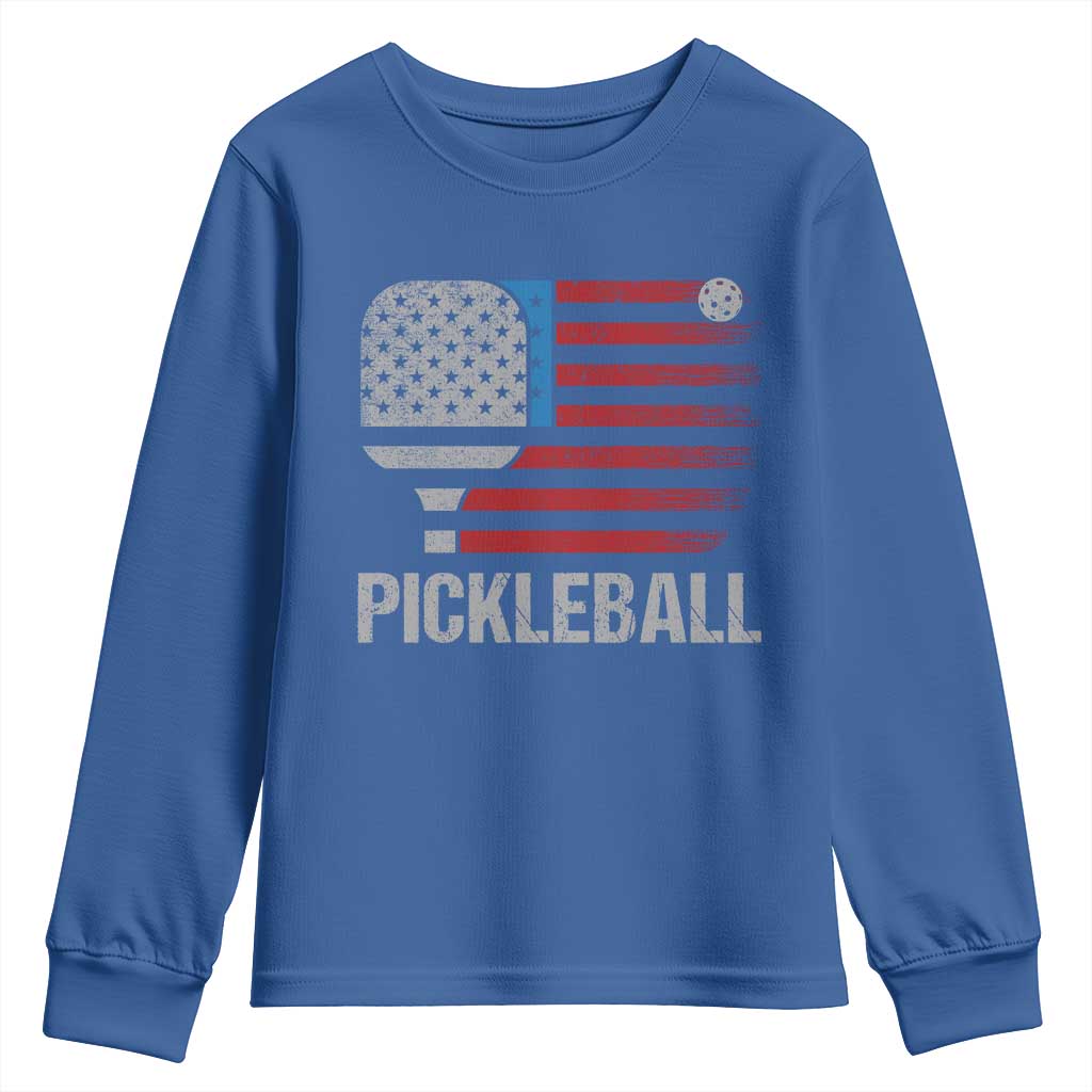 Pickleball Lover Vintage American Flag Youth Sweatshirt 4th of July TS11 Royal Blue Print Your Wear