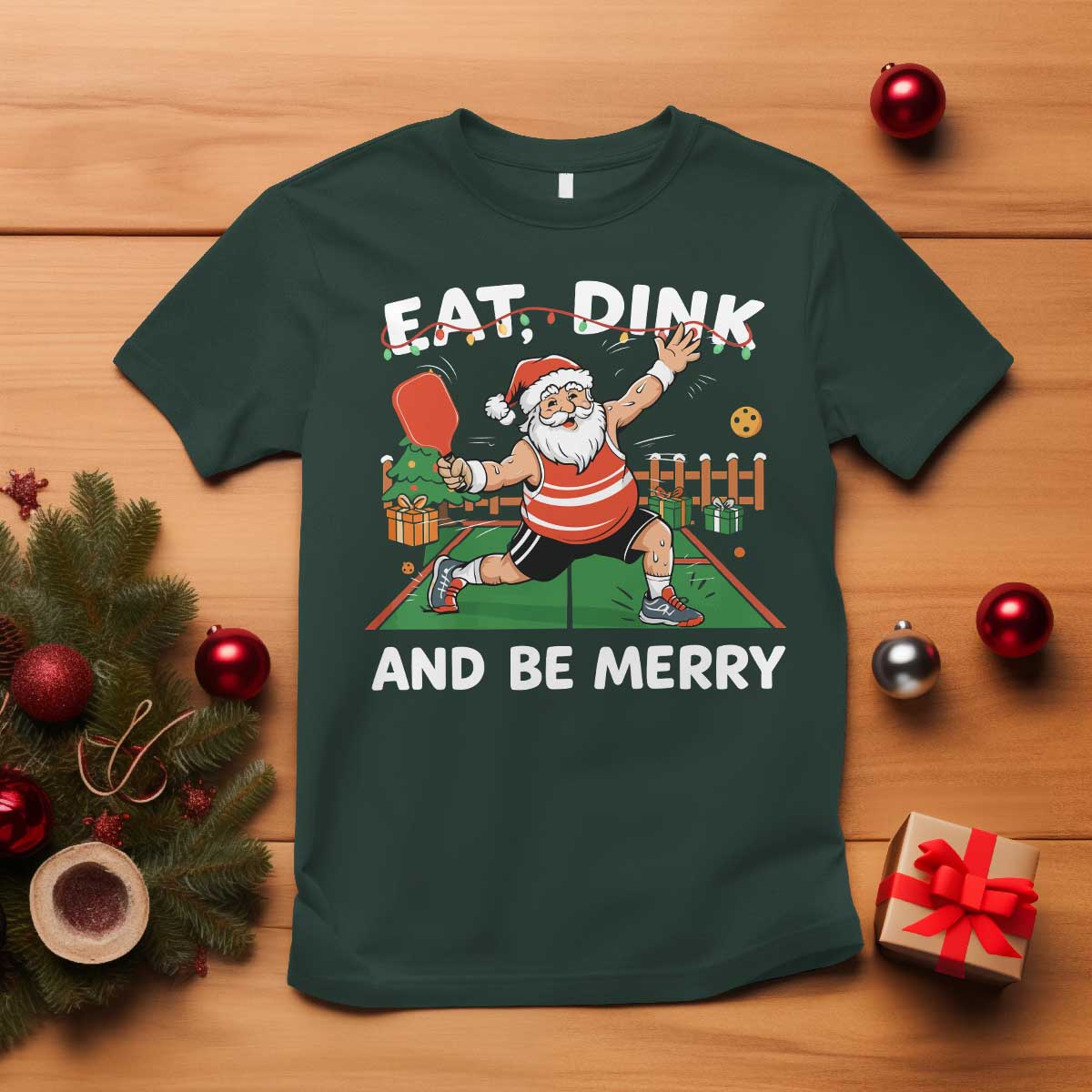 Funny Christmas Pickleball T Shirt Eat Dink And Be Merry Xmas Santa TS11 Dark Forest Green Print Your Wear