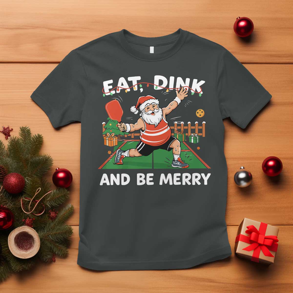 Funny Christmas Pickleball T Shirt Eat Dink And Be Merry Xmas Santa TS11 Dark Heather Print Your Wear