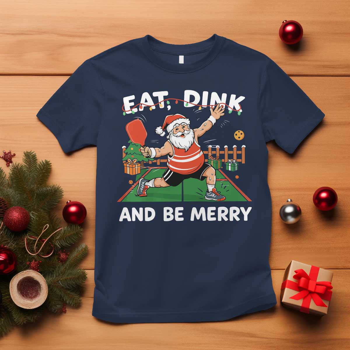 Funny Christmas Pickleball T Shirt Eat Dink And Be Merry Xmas Santa TS11 Navy Print Your Wear