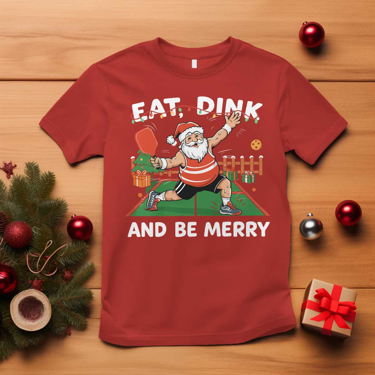 Funny Christmas Pickleball T Shirt Eat Dink And Be Merry Xmas Santa TS11 Red Print Your Wear