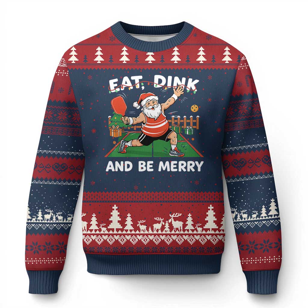 Funny Xmas Pickleball Ugly Christmas Sweater Eat Dink And Be Merry Xmas Santa TS11 Navy Red Print Your Wear