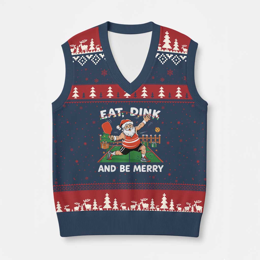 Funny Xmas Pickleball V-Neck Knit Sweater Vest Eat Dink And Be Merry Xmas Santa TS11 Navy Red Print Your Wear