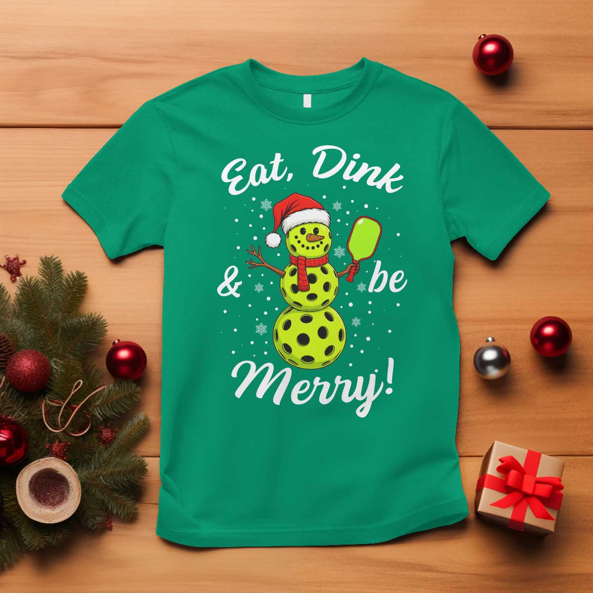 Funny Christmas Pickleball T Shirt Eat Dink And Be Merry Snowman TS11 Irish Green Print Your Wear