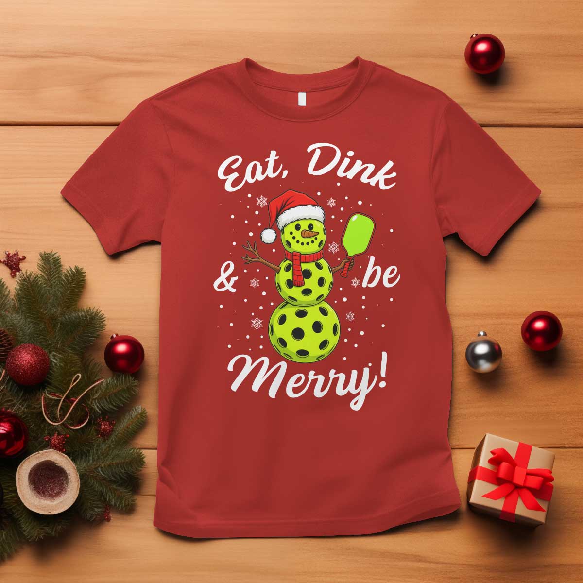 Funny Christmas Pickleball T Shirt Eat Dink And Be Merry Snowman TS11 Red Print Your Wear