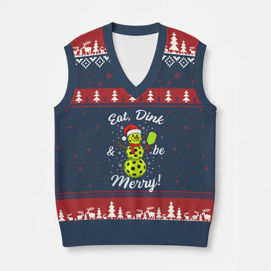 Funny Xmas Pickleball V-Neck Knit Sweater Vest Eat Dink And Be Merry Snowman TS11 Navy Red Print Your Wear