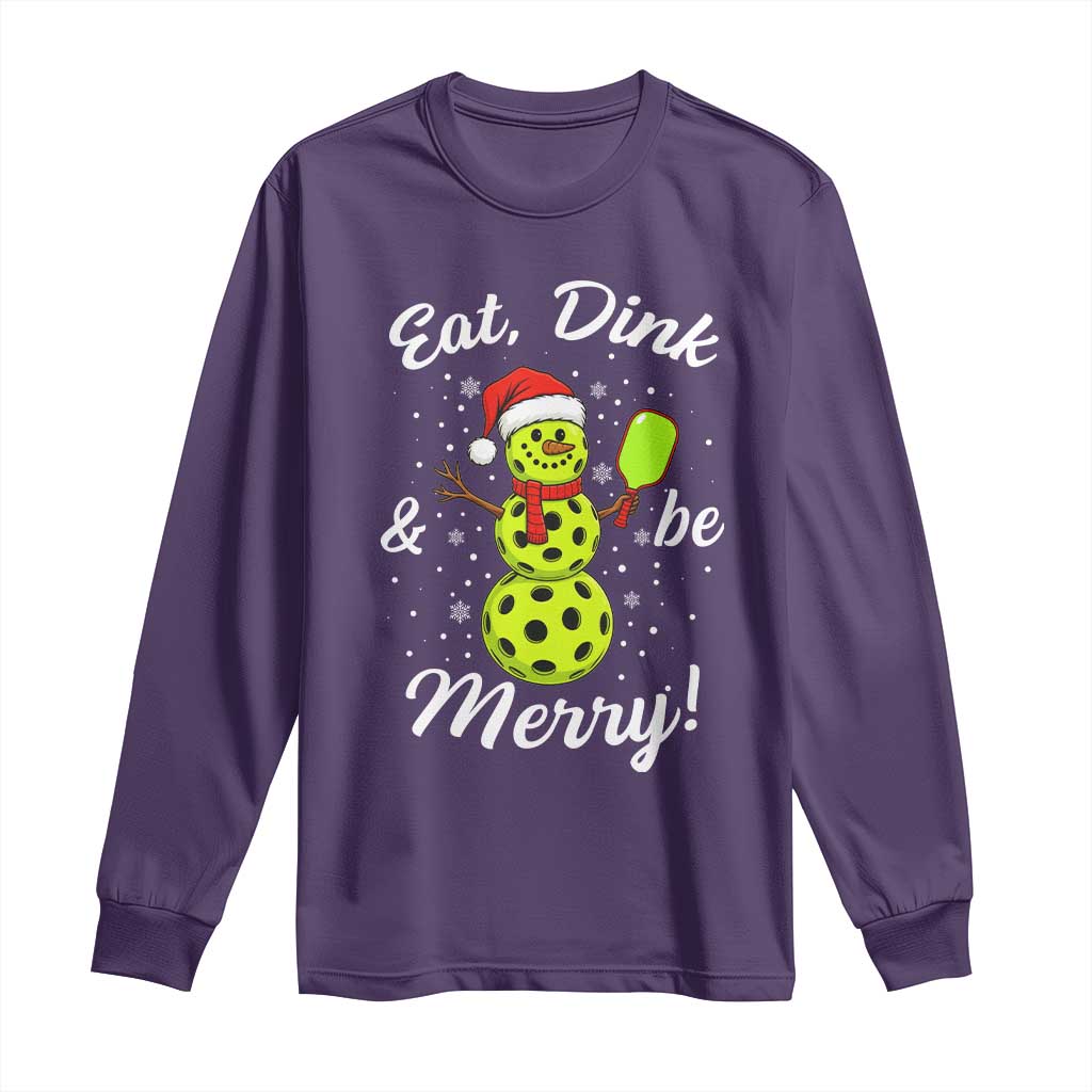 Funny Christmas Pickleball Long Sleeve Shirt Eat Dink And Be Merry Snowman TS11 Purple Print Your Wear
