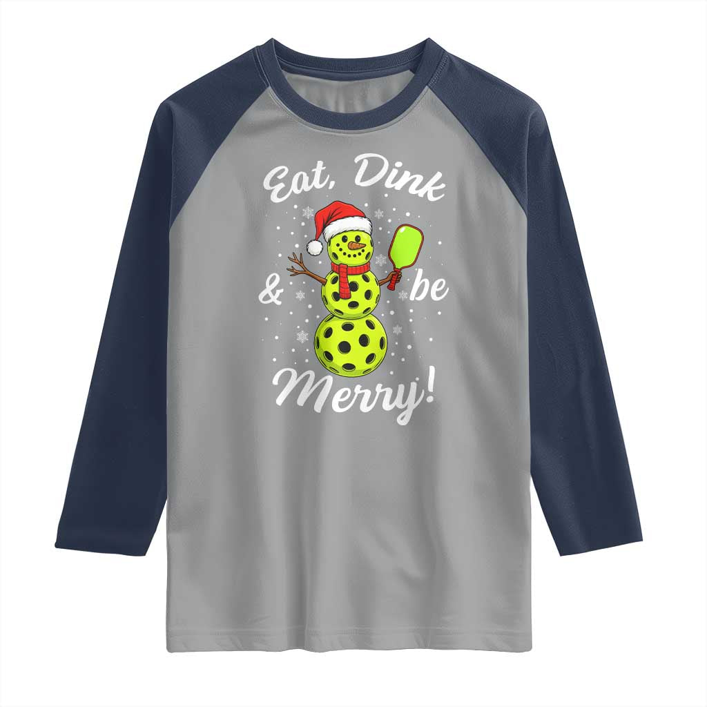 Funny Christmas Pickleball Raglan Shirt Eat Dink And Be Merry Snowman TS11 Sport Gray Navy Print Your Wear