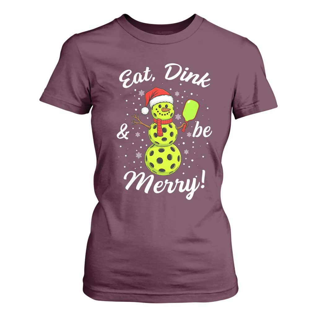 Funny Christmas Pickleball T Shirt For Women Eat Dink And Be Merry Snowman TS11 Maroon Print Your Wear