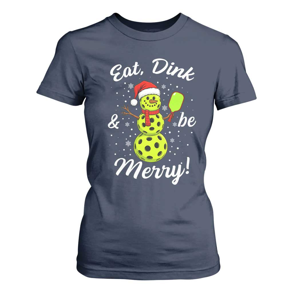 Funny Christmas Pickleball T Shirt For Women Eat Dink And Be Merry Snowman TS11 Navy Print Your Wear