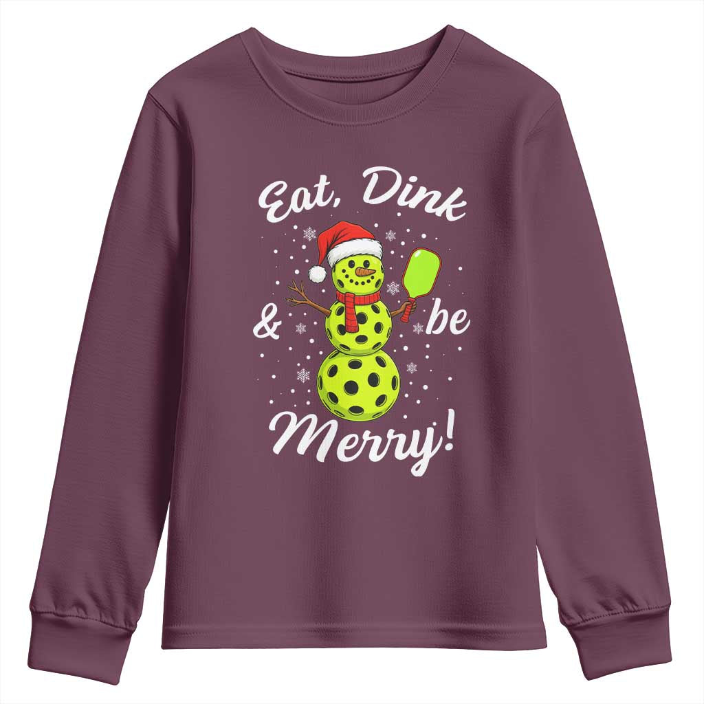 Funny Christmas Pickleball Youth Sweatshirt Eat Dink And Be Merry Snowman TS11 Maroon Print Your Wear