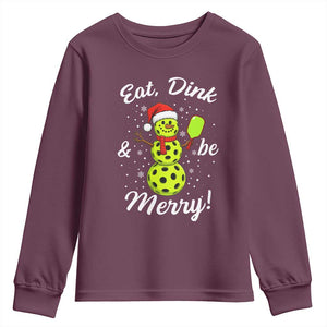Funny Christmas Pickleball Youth Sweatshirt Eat Dink And Be Merry Snowman TS11 Maroon Print Your Wear