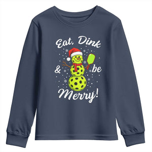Funny Christmas Pickleball Youth Sweatshirt Eat Dink And Be Merry Snowman TS11 Navy Print Your Wear
