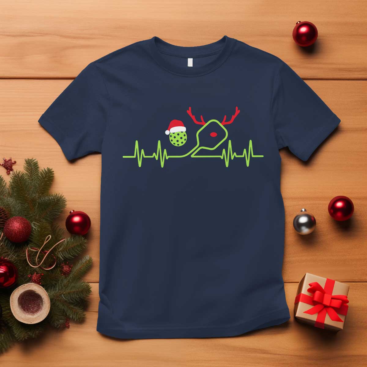 Funny Christmas Pickleball Heartbeat Santa Hat T Shirt TS11 Navy Print Your Wear