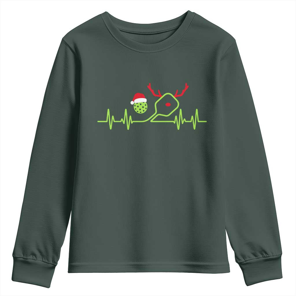 Funny Christmas Pickleball Heartbeat Santa Hat Youth Sweatshirt TS11 Dark Forest Green Print Your Wear