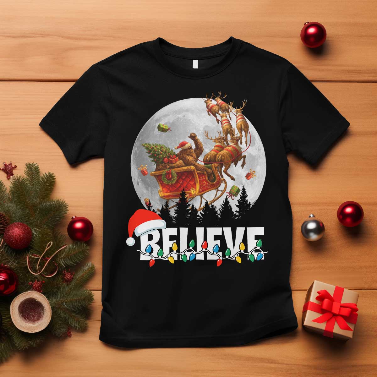 Funny Bigfoot Christmas T Shirt Believe Santa Sasquatch Xmas Reindeer Sleigh TS11 Black Print Your Wear