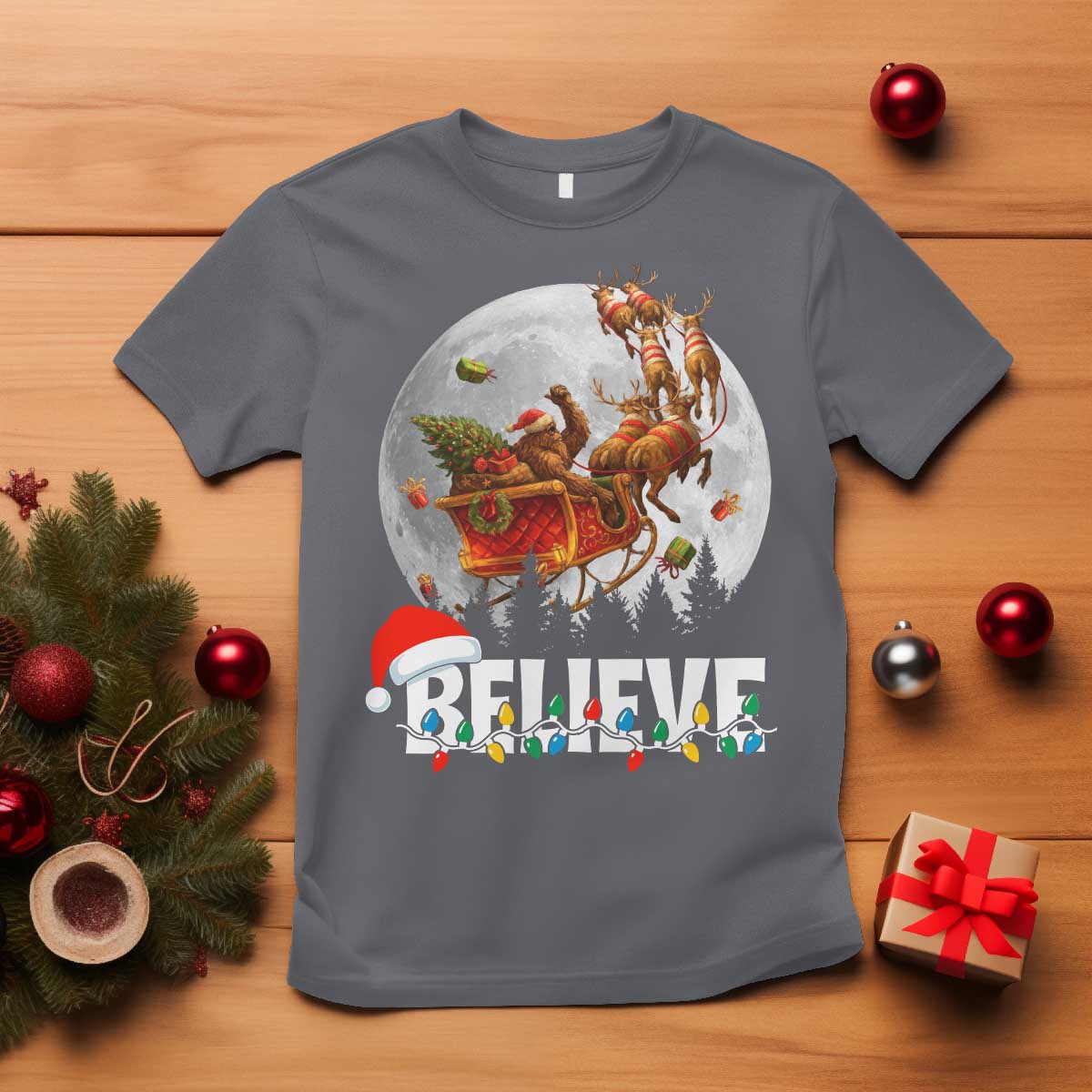 Funny Bigfoot Christmas T Shirt Believe Santa Sasquatch Xmas Reindeer Sleigh TS11 Charcoal Print Your Wear