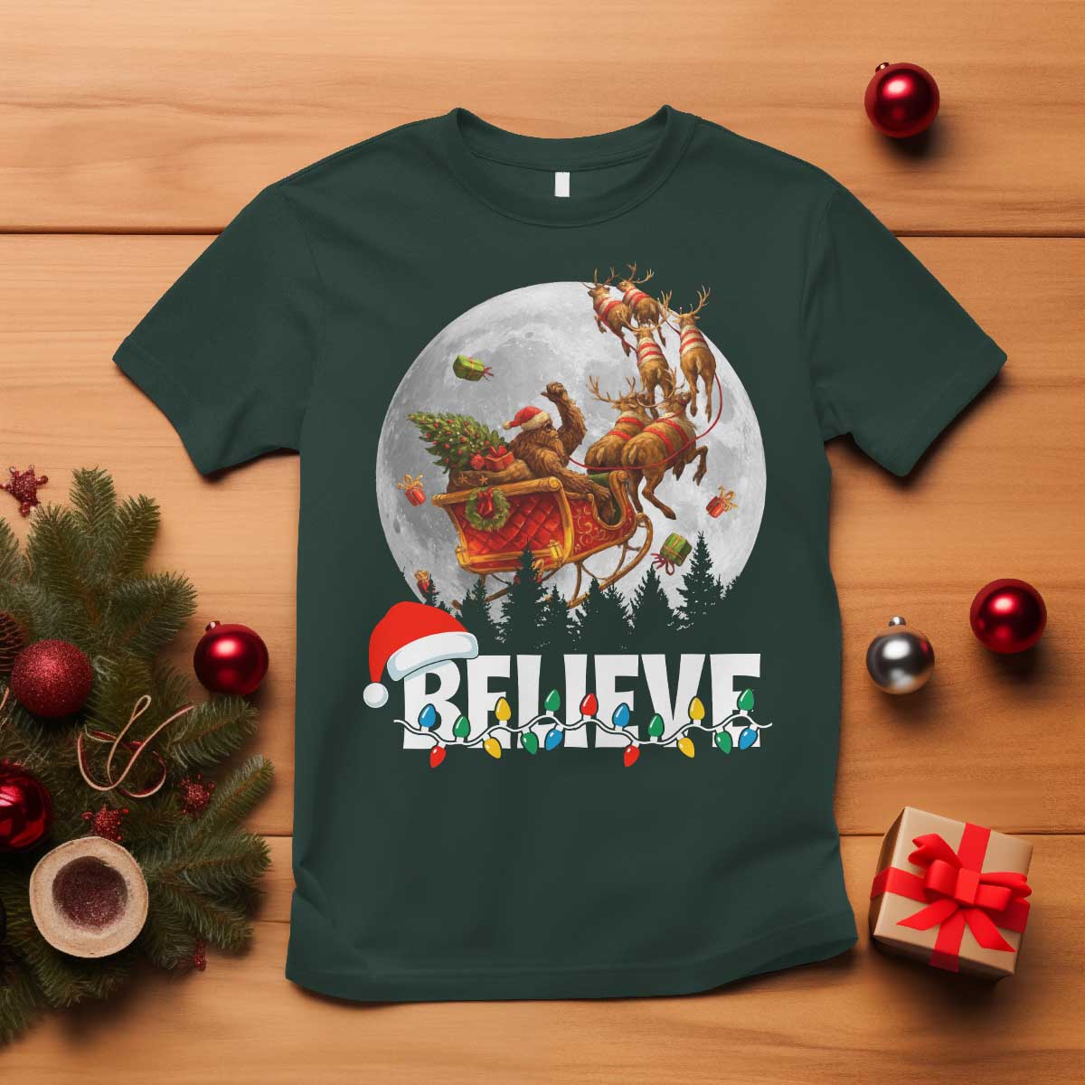 Funny Bigfoot Christmas T Shirt Believe Santa Sasquatch Xmas Reindeer Sleigh TS11 Dark Forest Green Print Your Wear