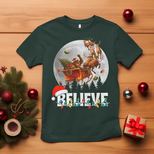 Funny Bigfoot Christmas T Shirt Believe Santa Sasquatch Xmas Reindeer Sleigh TS11 Dark Forest Green Print Your Wear
