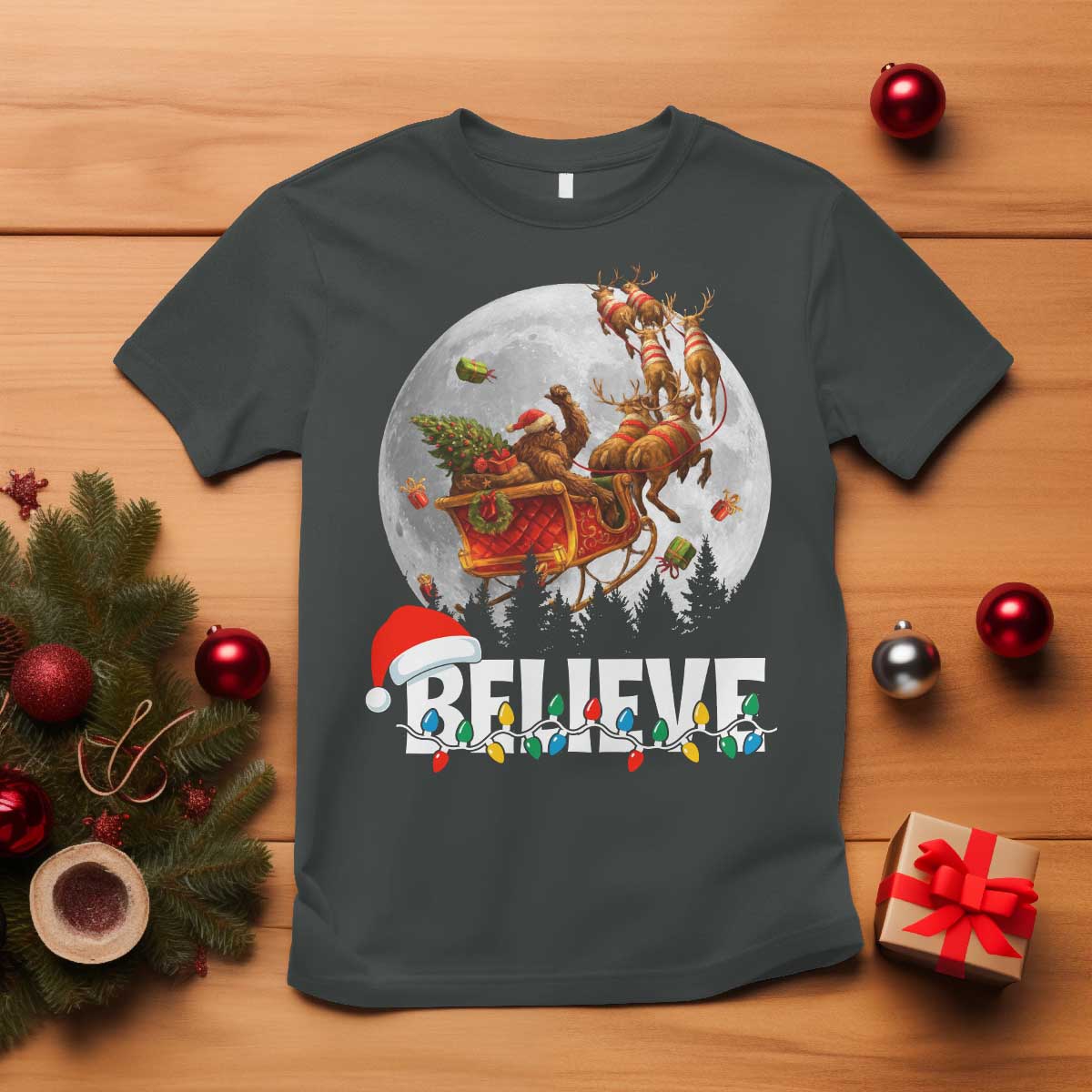 Funny Bigfoot Christmas T Shirt Believe Santa Sasquatch Xmas Reindeer Sleigh TS11 Dark Heather Print Your Wear