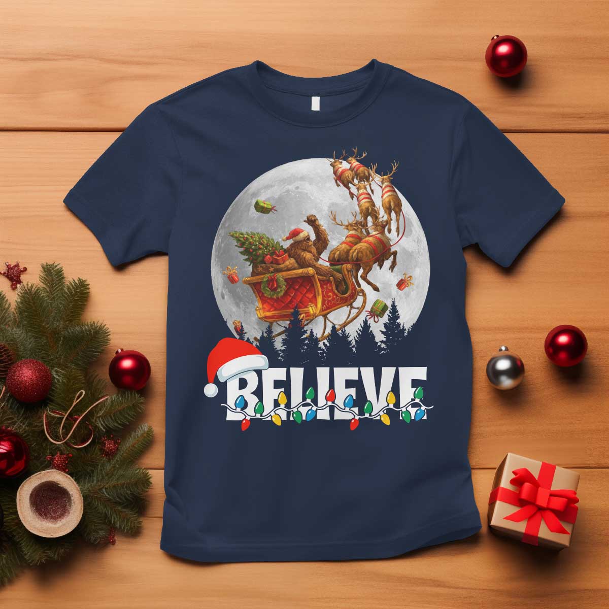 Funny Bigfoot Christmas T Shirt Believe Santa Sasquatch Xmas Reindeer Sleigh TS11 Navy Print Your Wear