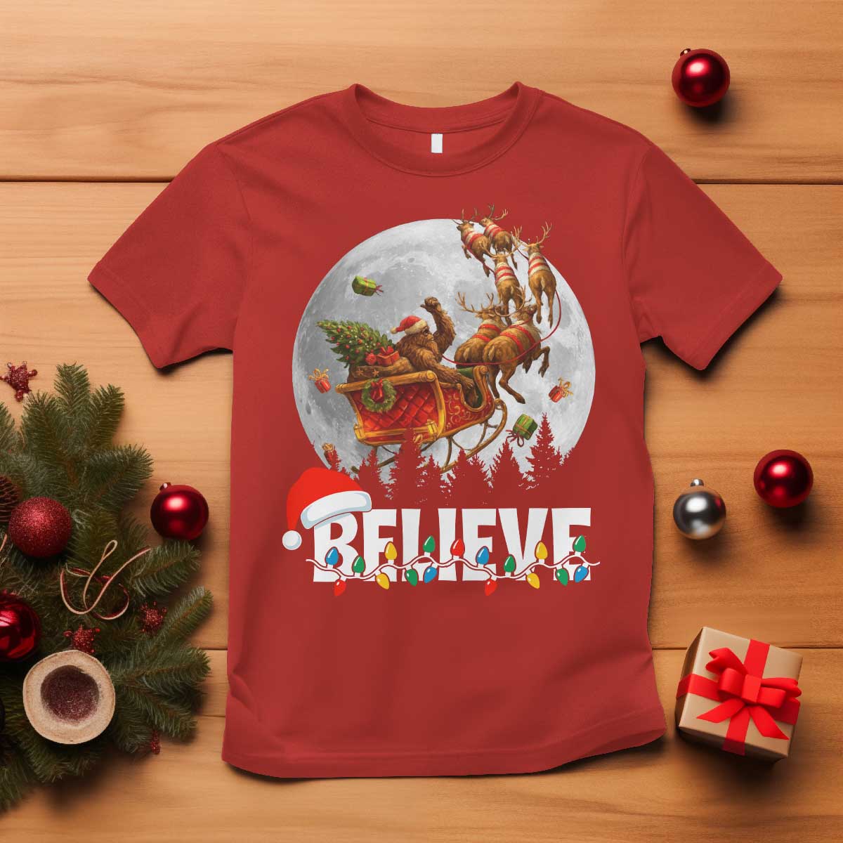 Funny Bigfoot Christmas T Shirt Believe Santa Sasquatch Xmas Reindeer Sleigh TS11 Red Print Your Wear