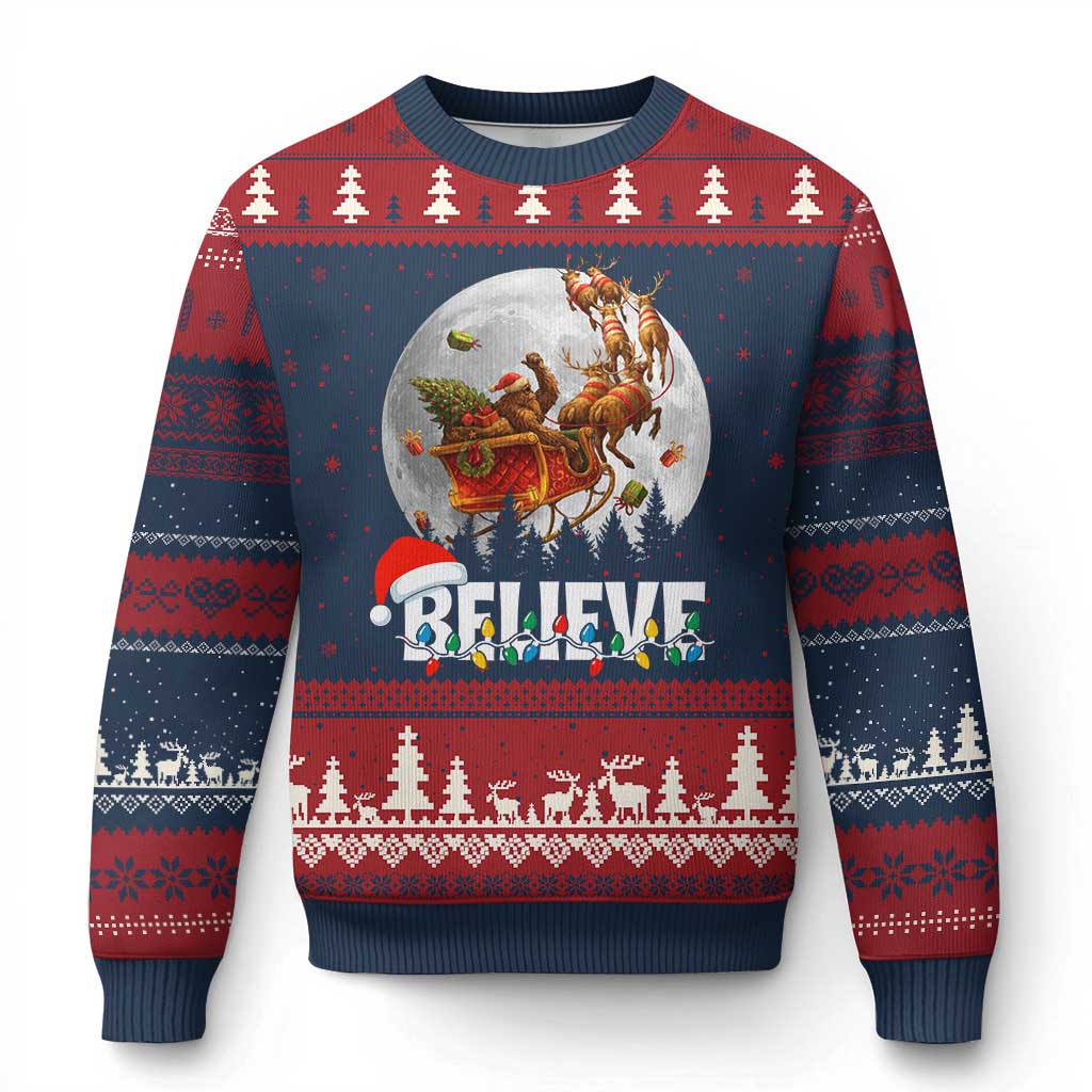 Funny Bigfoot Xmas Ugly Christmas Sweater Believe Santa Sasquatch Xmas Reindeer Sleigh TS11 Navy Red Print Your Wear