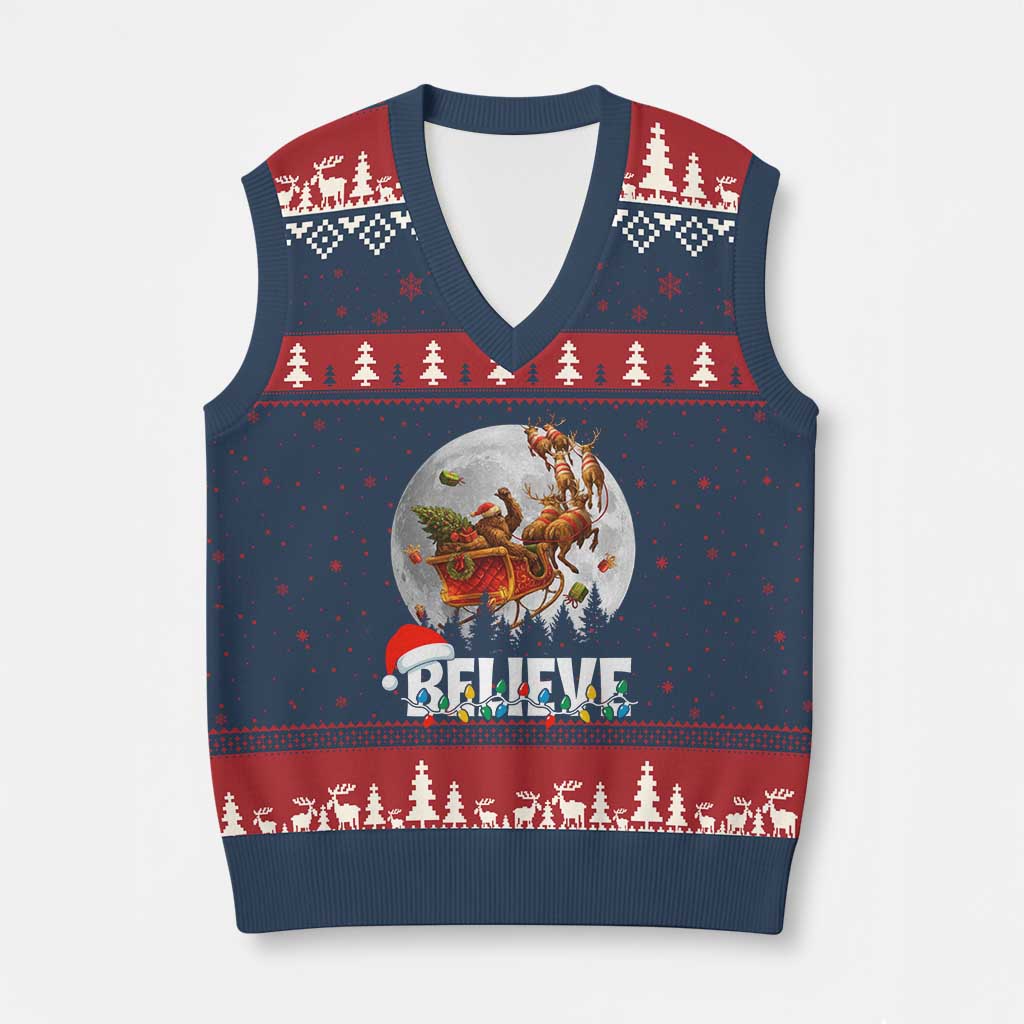 Funny Bigfoot Xmas V-Neck Knit Sweater Vest Believe Santa Sasquatch Xmas Reindeer Sleigh TS11 Navy Red Print Your Wear