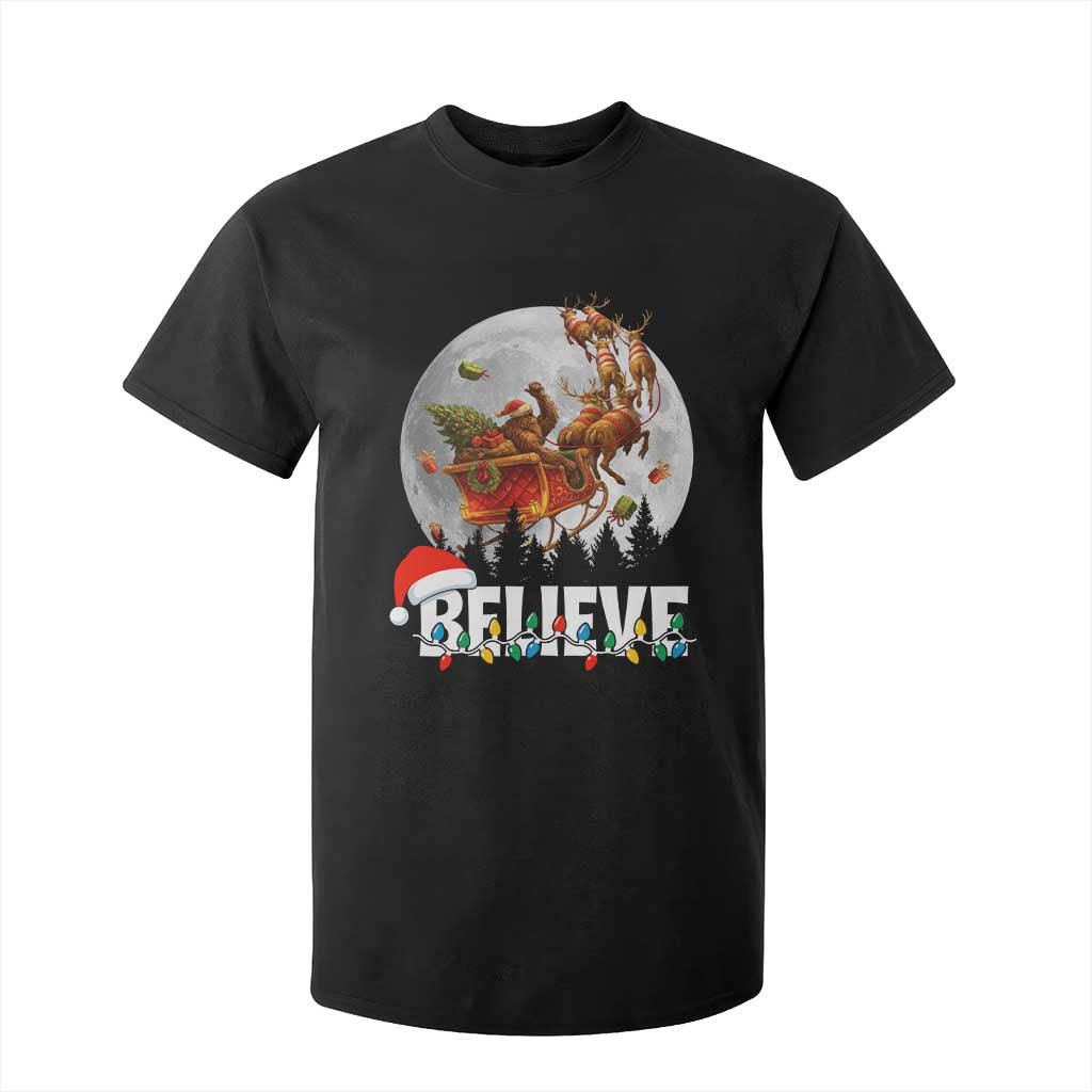 Funny Bigfoot Christmas T Shirt For Kid Believe Santa Sasquatch Xmas Reindeer Sleigh TS11 Black Print Your Wear