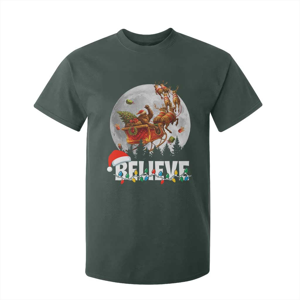 Funny Bigfoot Christmas T Shirt For Kid Believe Santa Sasquatch Xmas Reindeer Sleigh TS11 Dark Forest Green Print Your Wear