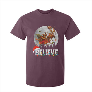 Funny Bigfoot Christmas T Shirt For Kid Believe Santa Sasquatch Xmas Reindeer Sleigh TS11 Maroon Print Your Wear