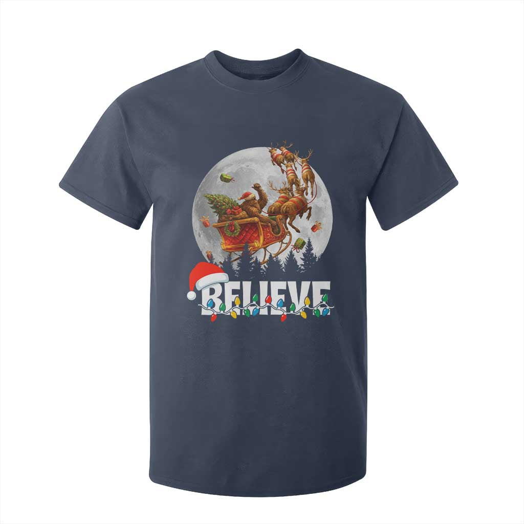 Funny Bigfoot Christmas T Shirt For Kid Believe Santa Sasquatch Xmas Reindeer Sleigh TS11 Navy Print Your Wear