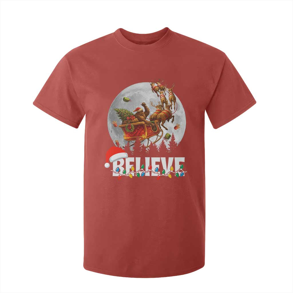 Funny Bigfoot Christmas T Shirt For Kid Believe Santa Sasquatch Xmas Reindeer Sleigh TS11 Red Print Your Wear